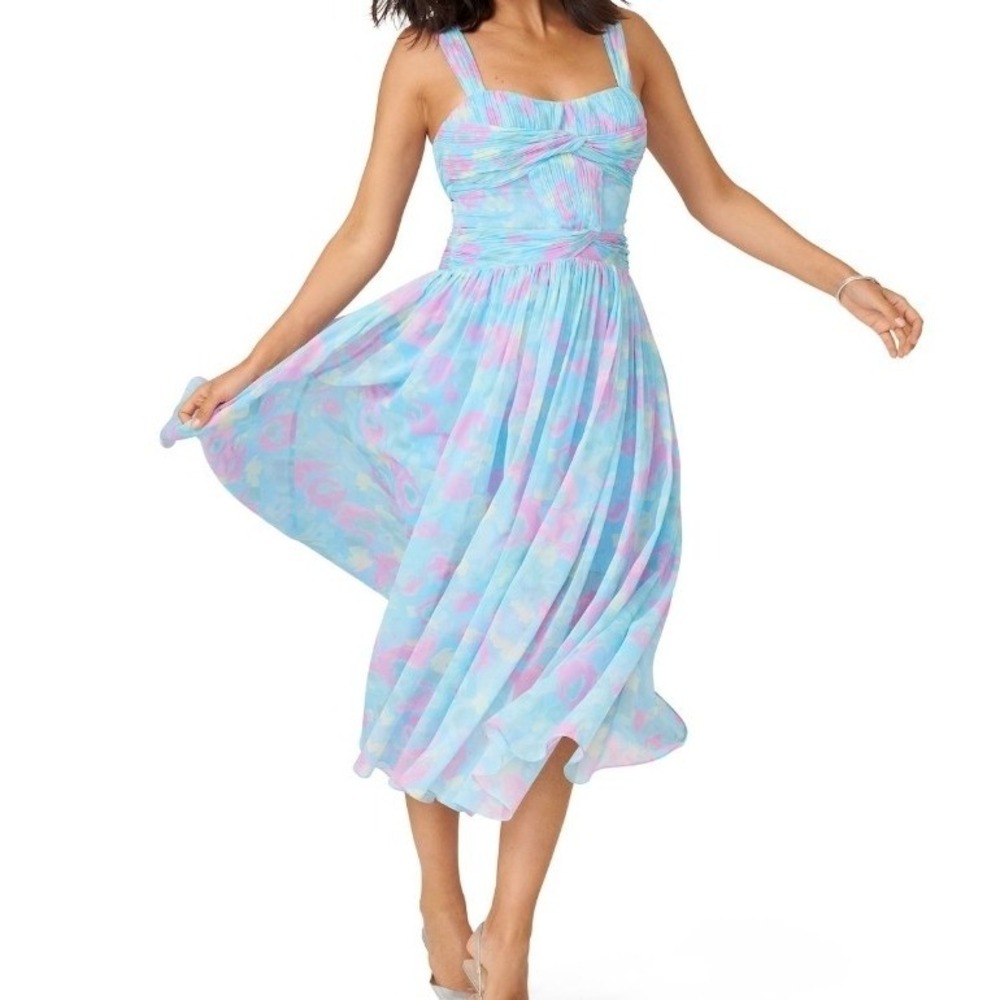 J. Mendel Floral Blue Watercolor Pleated Midi Dress Wedding Event Garden Glam 12
